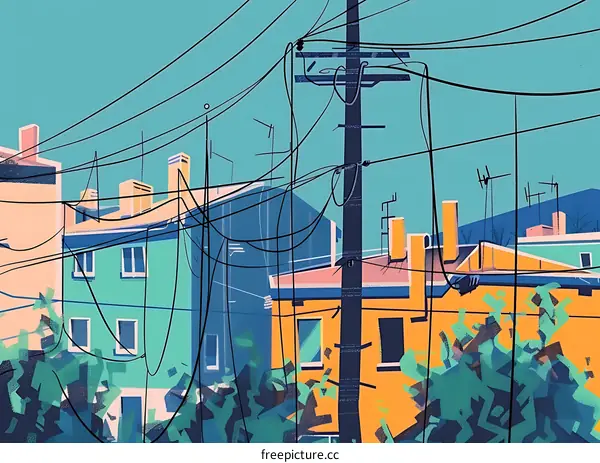 Colorful Illustration of a Cityscape with Power Lines