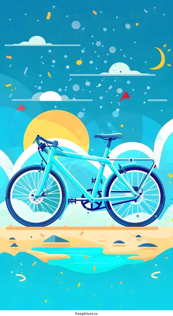 Blue Bicycle on the Beach with a Colorful Sky Illustration