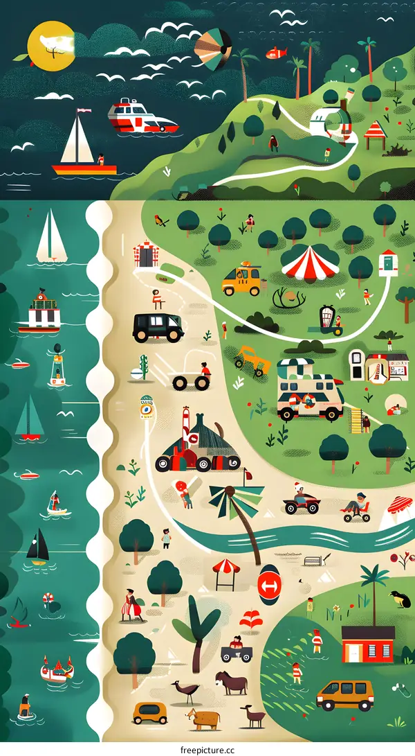 Colorful Illustration of a Beach Town Map with People and Vehicles