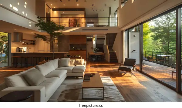 Modern Living Room with Large Windows and View of Nature