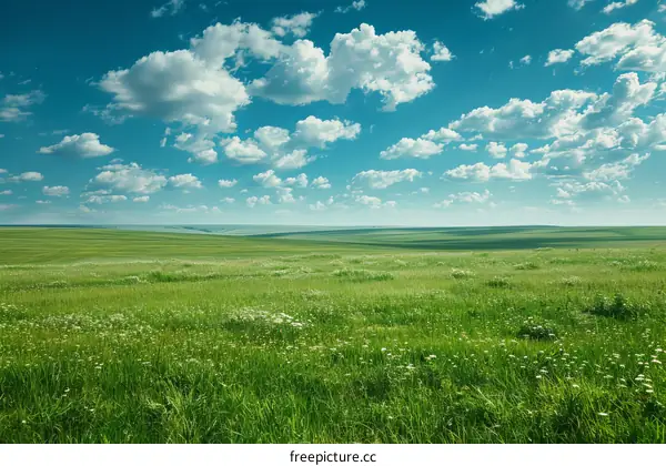 Green rolling hills under blue sky and white clouds