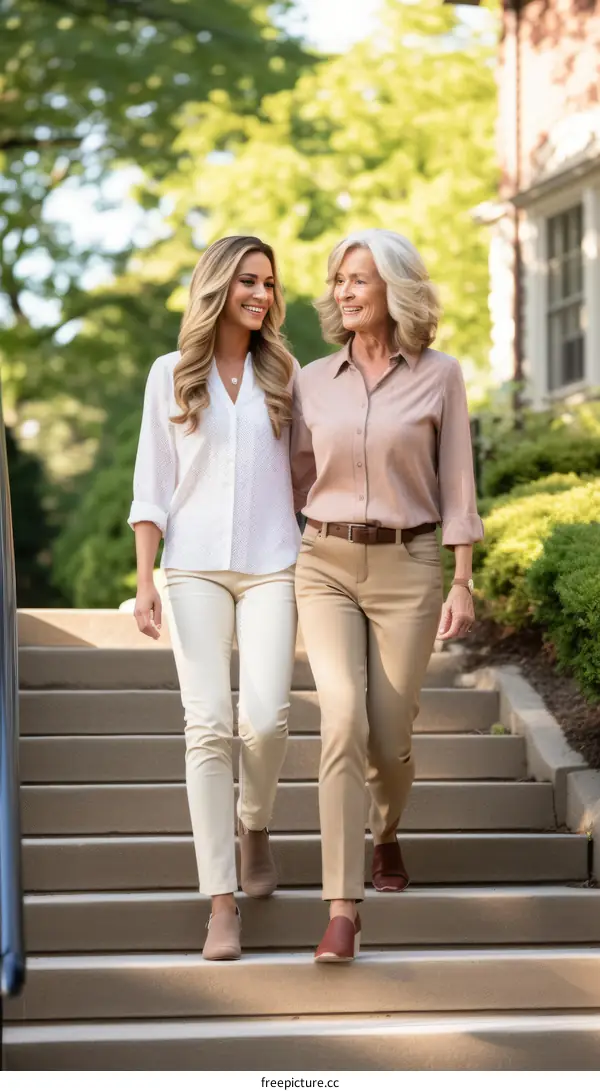 Two women walking down a sidewalk together