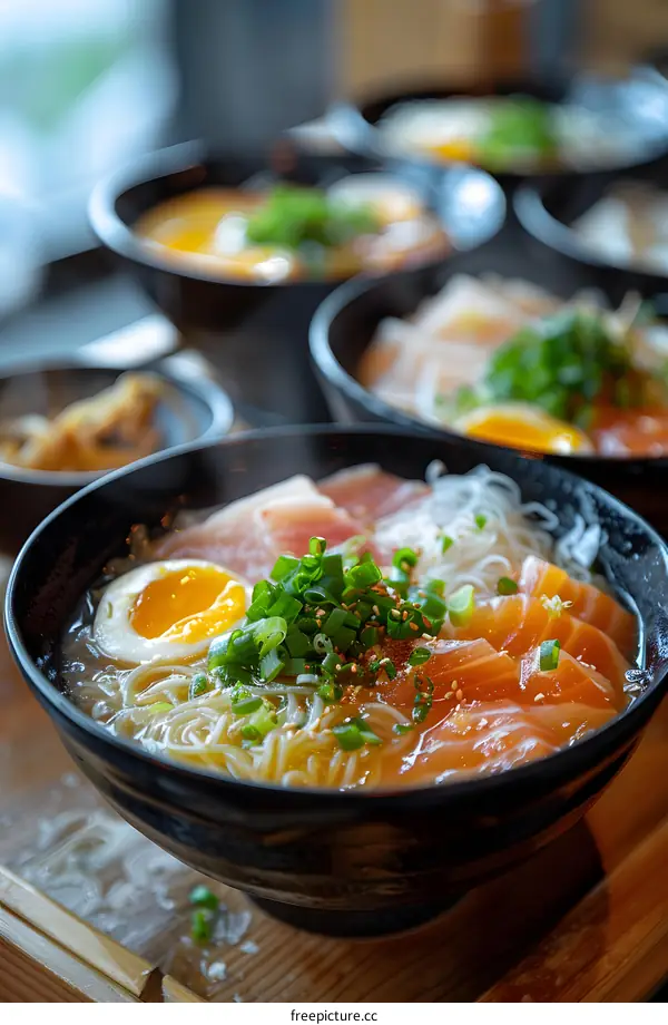 A delicious bowl of salmon ramen with egg and scallions.