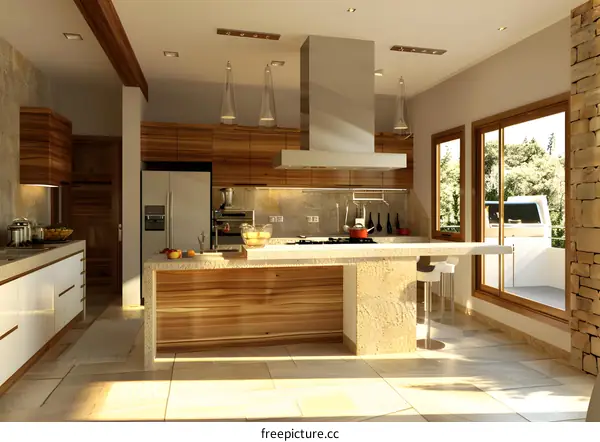 Modern Kitchen Design with Wooden Cabinets and Island