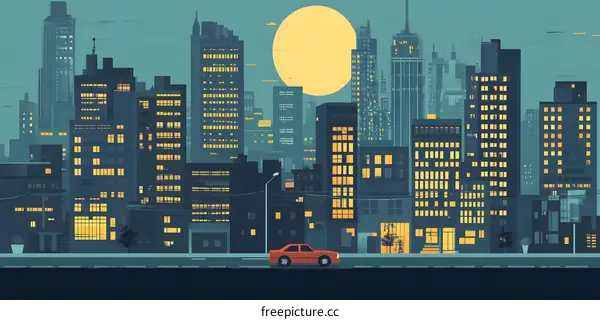 Night Cityscape with Big Moon Illustration