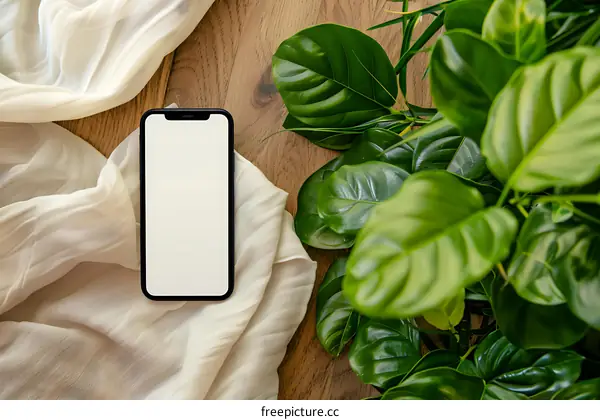 Flat Lay with Smartphone, Fabric, and Green Leaves