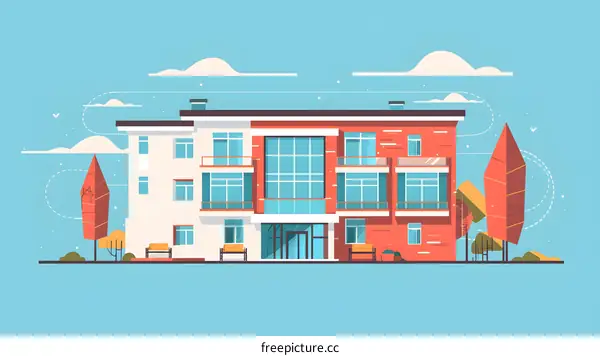 Modern Apartment Building with Trees and a Blue Sky