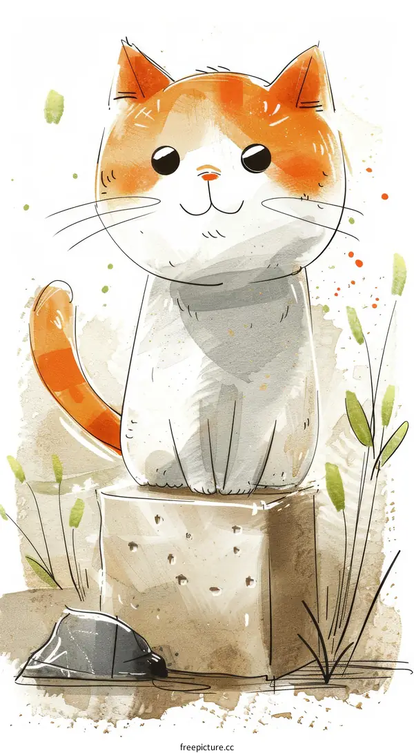 A cute cat is sitting on a stone in the garden