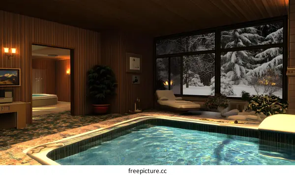 Indoor Swimming Pool with View of Snowy Landscape