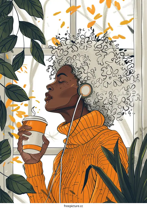 A black woman with headphones enjoying a cup of coffee