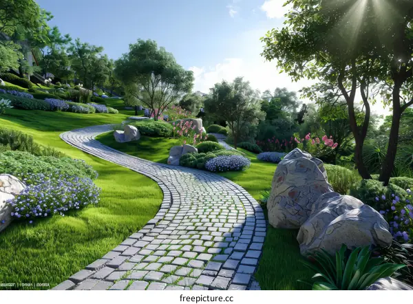 Elegant Garden Pathway with Lush Landscaping