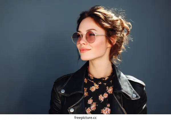 Stylish Woman in Black Leather Jacket and Floral Top