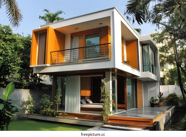 Modern Home with Wooden Deck and Balcony