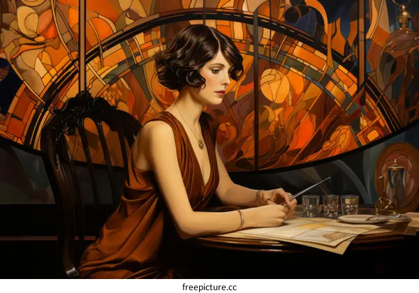 Lady in orange dress sitting by the table and writing something