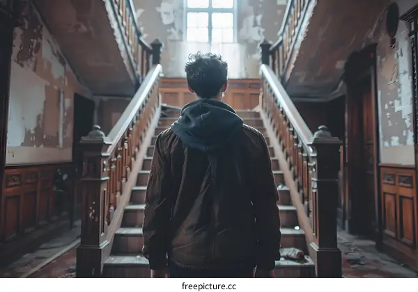 man in brown jacket standing on wooden stairs in abandoned building