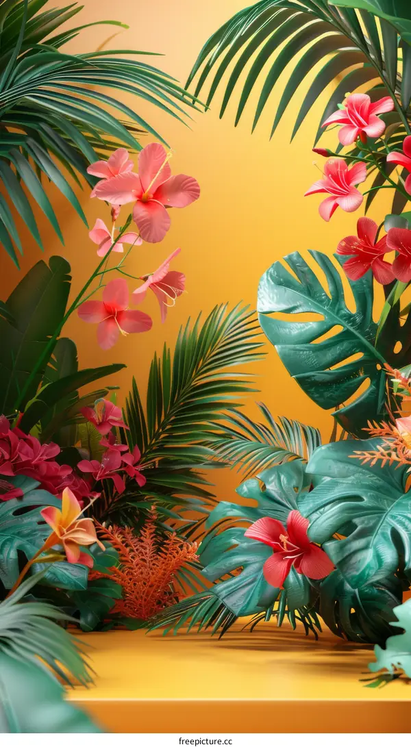 Vibrant Tropical Floral Arrangement on a Mustard Background