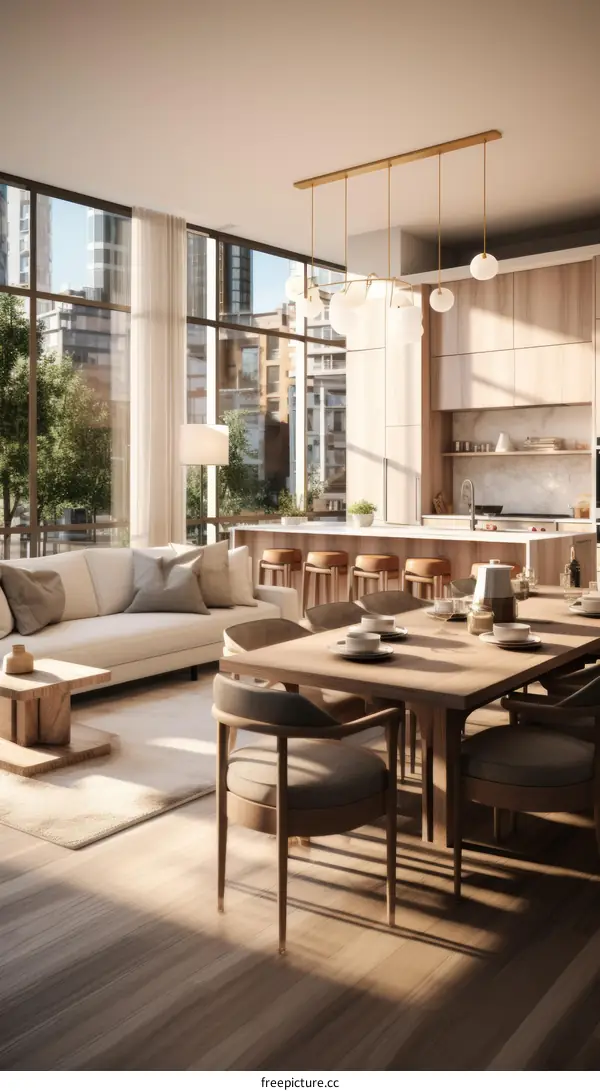 Airy Open Concept Living Dining Room With Modern Furnishings