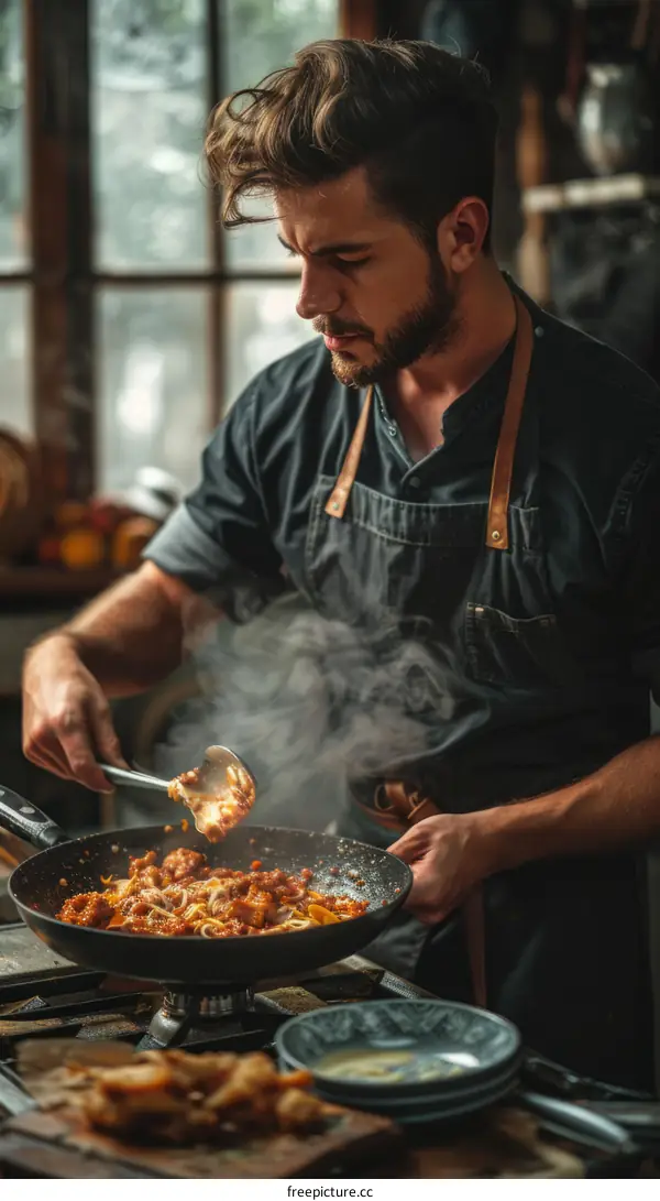 Focused male chef cooking pasta in a frying pan