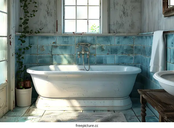 Vintage Bathroom with Turquoise Tiles and Antique Bathtub