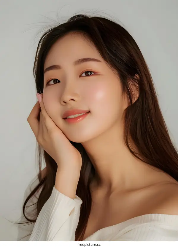 Beautiful Asian Woman Portrait with White Sweater and Long Brown Hair