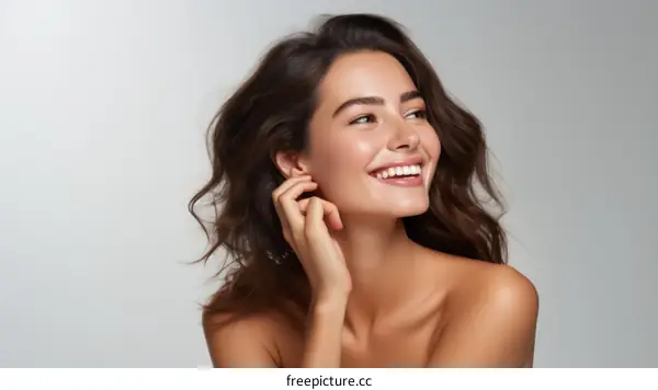 Portrait of a beautiful young woman with brown hair and white teeth smiling