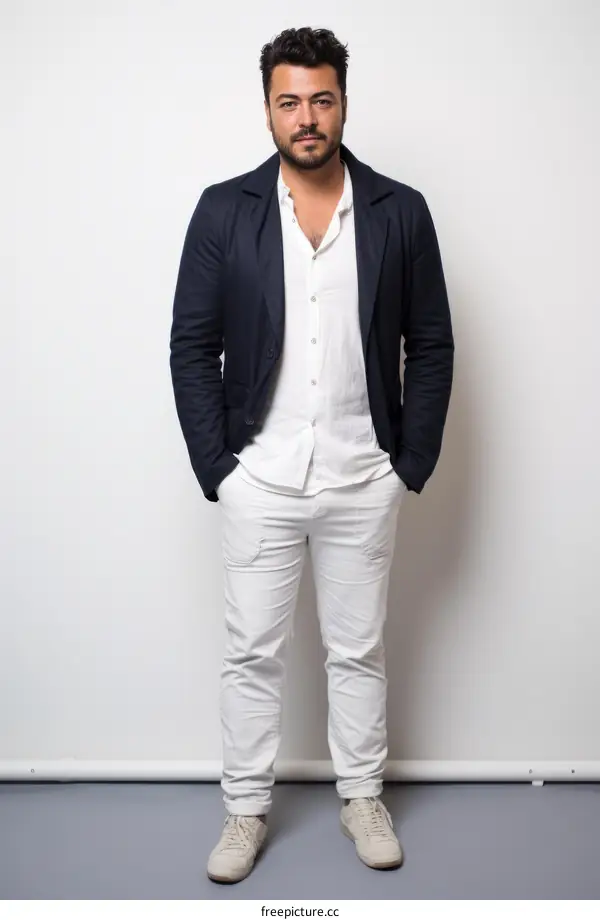 A man wearing white pants and a blue suit