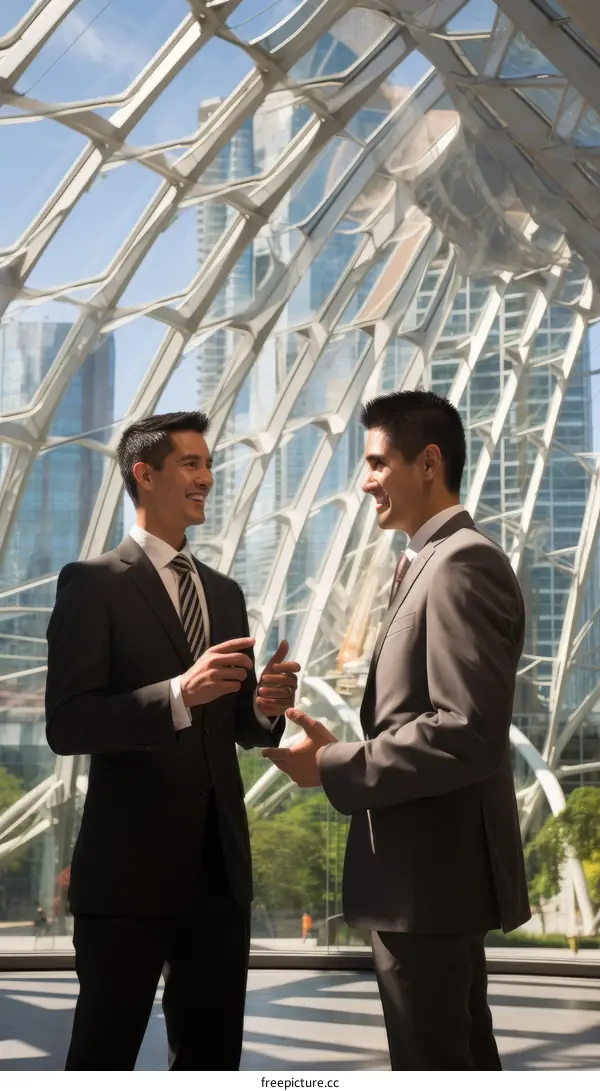 Two businessmen talking in a modern office building