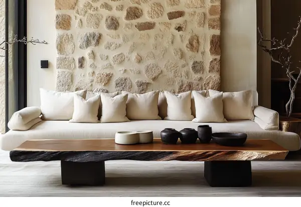 Modern Minimalist Living Room Design with Stone Wall
