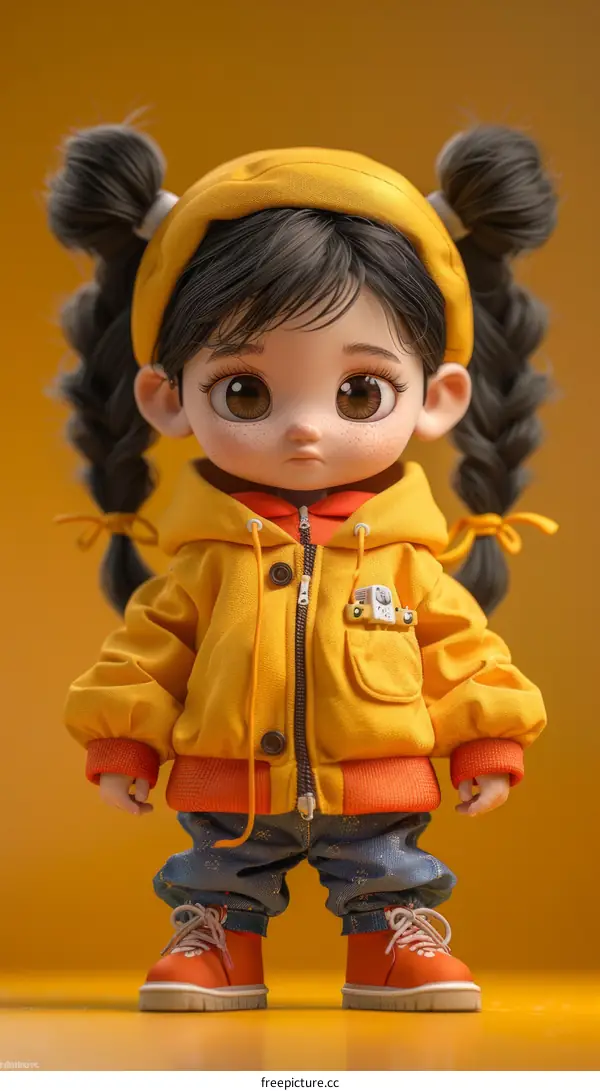 Illustration of a cute little girl with big eyes and long black hair