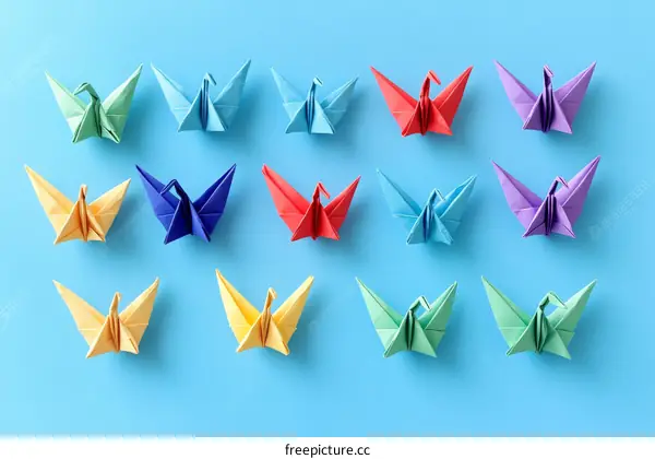 Colorful Origami Cranes on a Blue Background