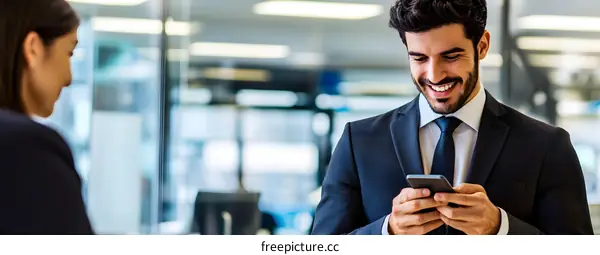 Smiling Businessman Using Smartphone in Office