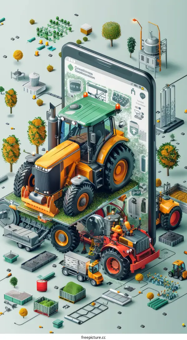 Tractor and Farm Equipment Isometric Illustration