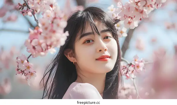 Young Woman Posing with Cherry Blossoms
