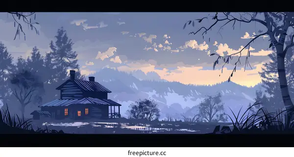 Wooden Cabin in the Mountains at Dusk
