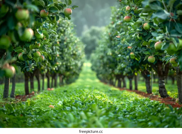 An orchard with apple trees and a grassy field in the foreground