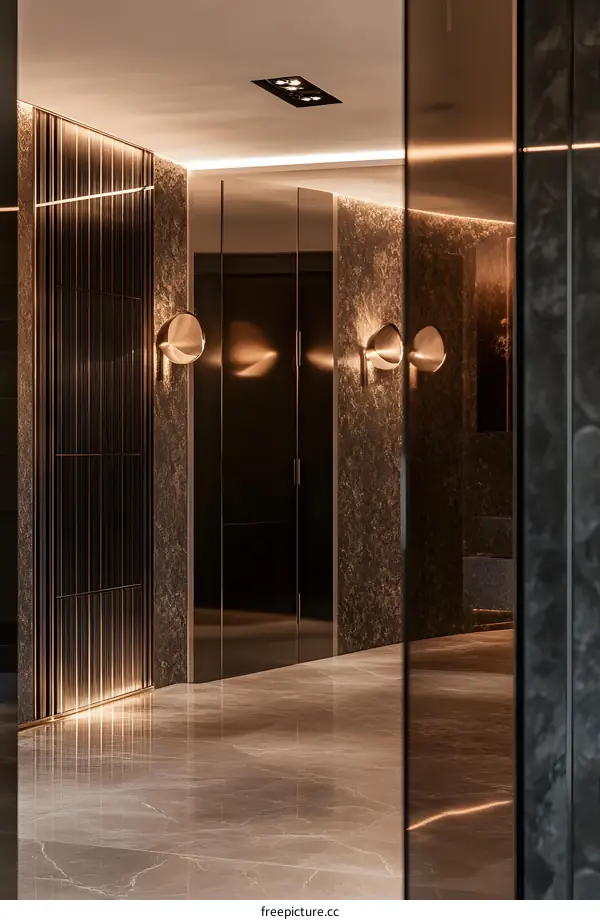 Modern Interior Design with Polished Marble Floor and Geometric Wall Panel