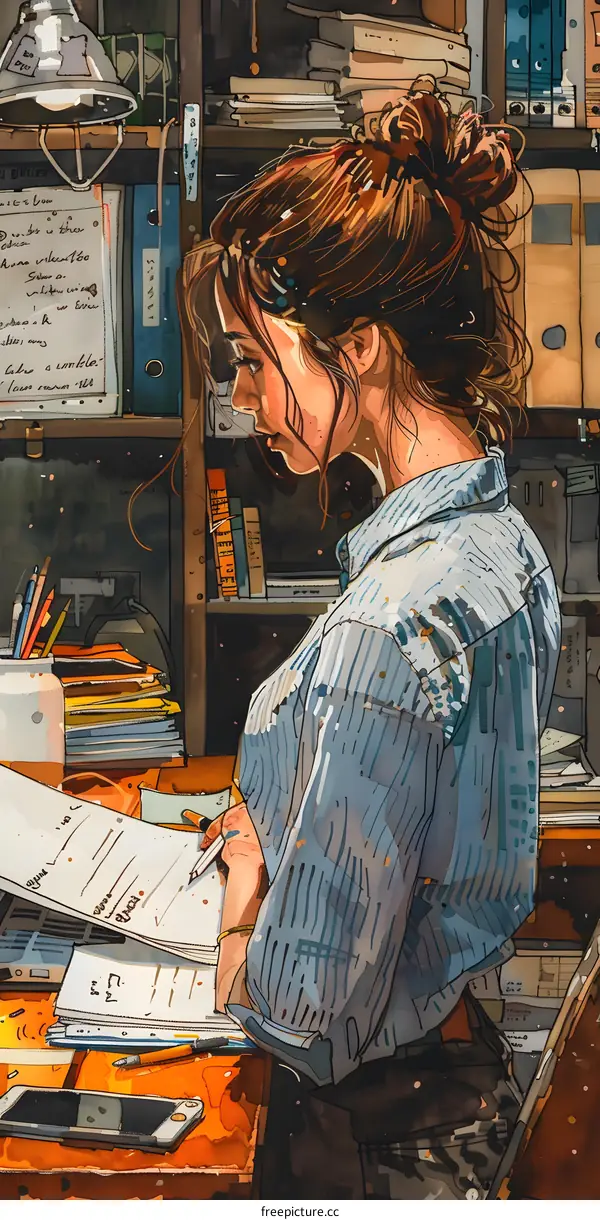 Woman Sitting at Desk Writing in Notebook