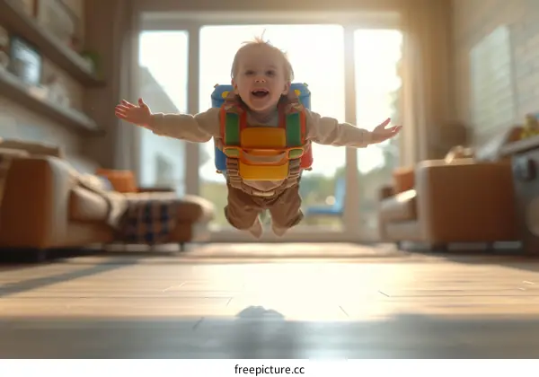 Little boy in a toy airplane backpack is flying around the house