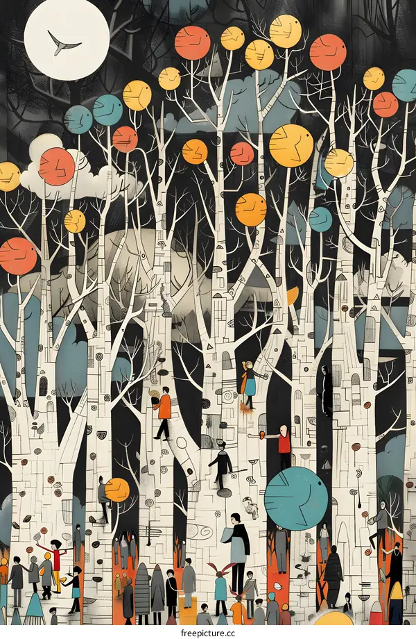 Abstract Colorful Trees with People and Birds