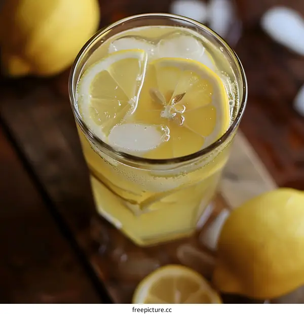 Closeup of Glass of Lemonade with Lemon Slices and Ice