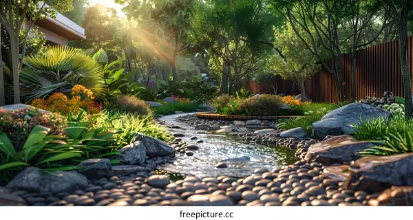 A small stream in a garden with trees and rocks