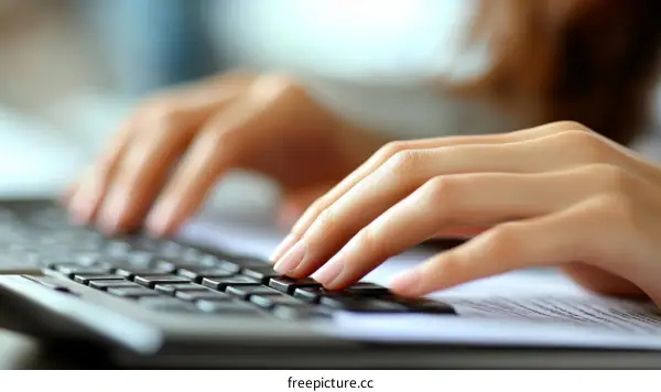 Woman Typing on a Keyboard with Documents