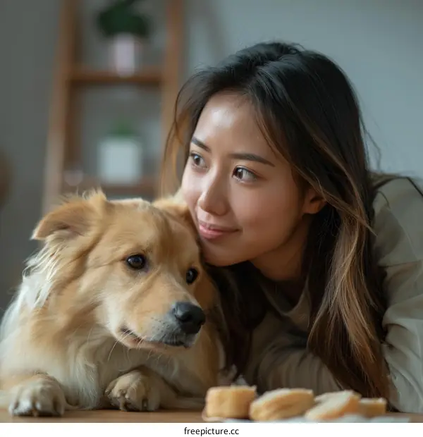 Portrait of a young Asian woman with her golden retriever dog