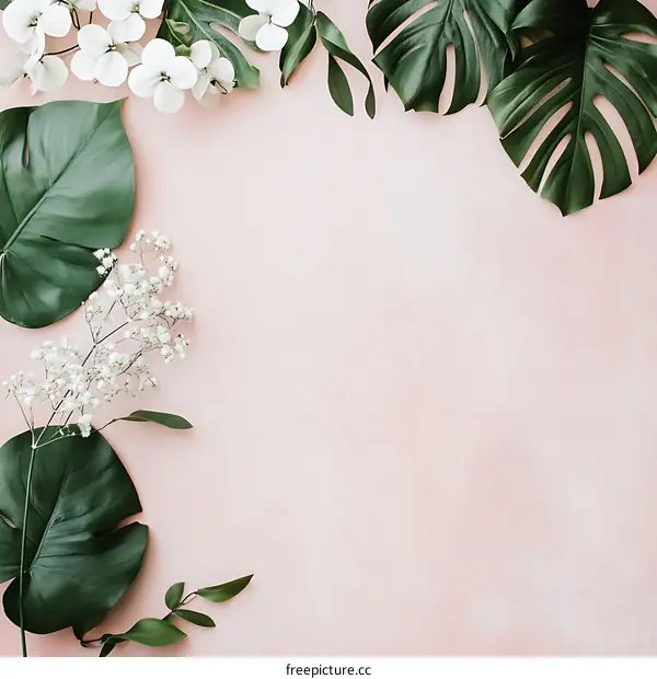 Floral and Tropical Leaves Flat Lay on Pink Background