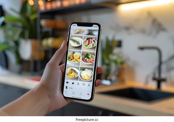 Hand Holding a Smartphone with Food Photos on the Screen in Kitchen