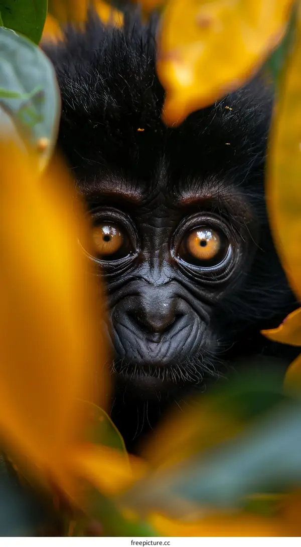 Baby Gorilla Peeking from Behind Leaves