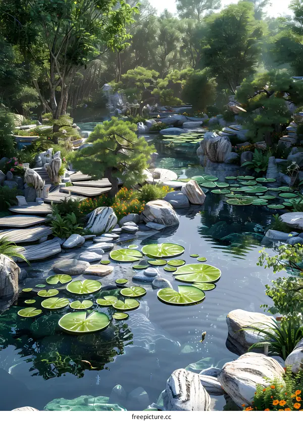 A beautiful Chinese garden with a pond, trees, and flowers