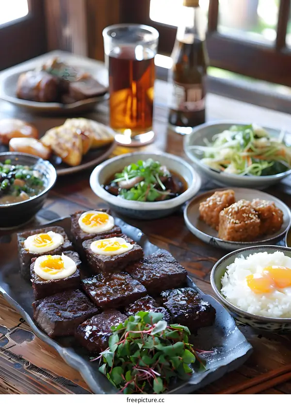 Japanese Cuisine Table Setting With Tofu and Eggs