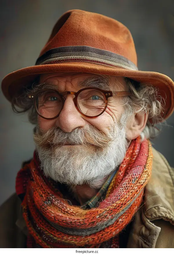 Close-up Portrait of a Senior Man with a Stylish Hat and Scarf