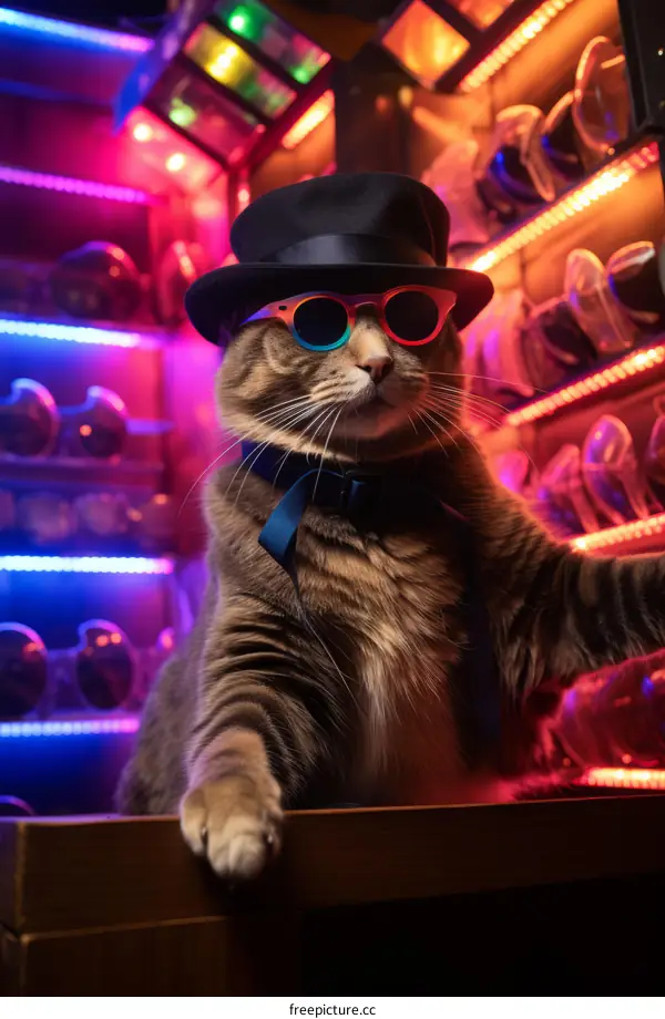 Cool Cat Wearing 3D Glasses and Hat Standing in Front of a Colorful Background